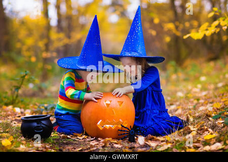 Bambini indossare blu costumi strega con cappelli giocando con zucca e ragno in autunno Park di Halloween. Kids dolcetto o scherzetto. Foto Stock