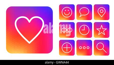 Set di interfaccia utente semplice di icone per i social media di app o di rete con il pulsante Mi piace, commento e più colorata sul gradiente dello sfondo. Illustrazione Vettoriale
