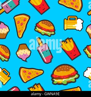 Modello senza cuciture con colori brillanti cartoon fast food patch. Comprende pizza, birra, burger e più. EPS10 vettore. Illustrazione Vettoriale