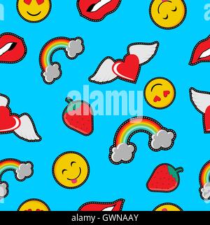 Alla moda modello senza cuciture con graziosi elementi di decorazione, rainbow, cuore e gli Emoji in un colorato stile cartoon. EPS10 vettore. Illustrazione Vettoriale