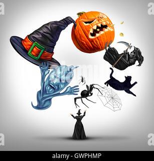 Halloween strega giocoleria come stregone utilizzando i simboli di una caduta celebrazione come un cappello ragni spiderweb e gatto nero anche una zucca jack o lanterna con 3D'illustrazione degli elementi. Foto Stock