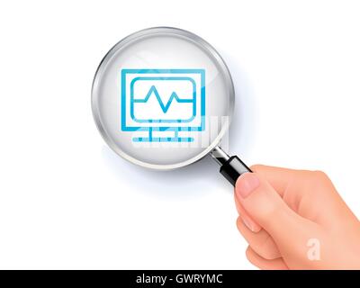 Icona Cardiogram segno indicante attraverso dalla lente di ingrandimento tenuto a mano. 3D'illustrazione. Illustrazione Vettoriale