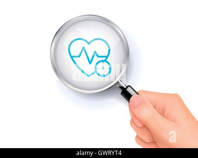 Icona Cardiogram segno indicante attraverso dalla lente di ingrandimento tenuto a mano. 3D'illustrazione. Illustrazione Vettoriale