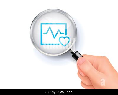 Icona Cardiogram segno indicante attraverso dalla lente di ingrandimento tenuto a mano. 3D'illustrazione. Illustrazione Vettoriale