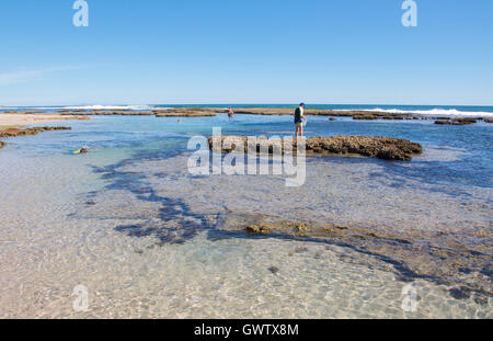 Kalbarri,WA,Australia-April 21,2016:i turisti ad esplorare le pozze di marea a Buchi di Blu Beach nell'Oceano Indiano del Western Australia. Foto Stock