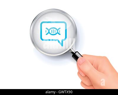 Icona di DNA segno indicante attraverso dalla lente di ingrandimento tenuto a mano. 3D'illustrazione. Illustrazione Vettoriale