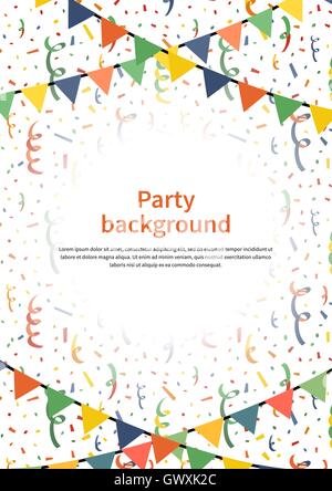 Parte dello sfondo con ghirlande e coriandoli su bianco, formato A4 verticale di illustrazione Illustrazione Vettoriale