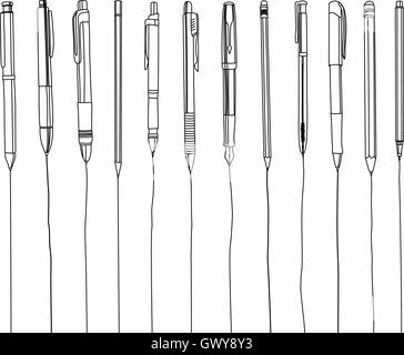 Penne e matite in una fila, illustrazione di contorno. Isolato su bianco. Illustrazione Vettoriale