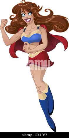 Illustrazione Vettoriale di super donna battenti con red cape e facendo un muscolo. Illustrazione Vettoriale
