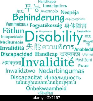 La disabilità in lingua diversa del mondo. Parola vettore cloud per problema sociale. Illustrazione Vettoriale