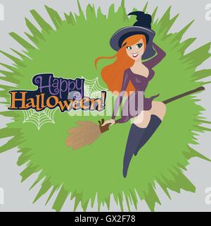 Illustrazione vettoriale di una strega di Halloween a volare su una scopa Illustrazione Vettoriale