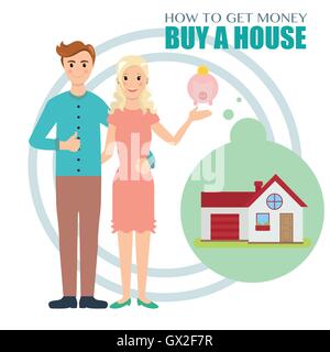 Giovane famiglia consente di risparmiare denaro per acquistare una casa Illustrazione Vettoriale