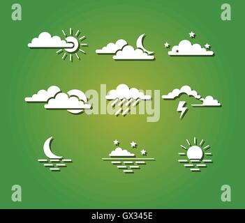 Il sole, le nuvole, fulmini, la luna, le stelle e il tramonto sul mare meteo icon set isolato illustrazione vettoriale Illustrazione Vettoriale