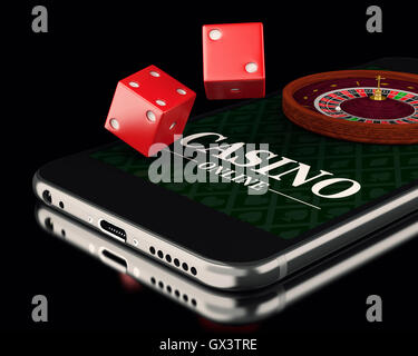 3d'illustrazione. Smartphone con roulette e dadi. Online casino concetto. Foto Stock