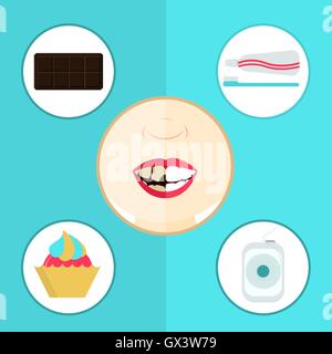 Confronto tra un sano e dente di marcio. Faccia divisa a metà. Denti cariati associato con cioccolato, cupcake e dolci. Illustrazione Vettoriale