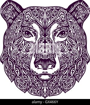 Ornata etnica orso. Disegnata a mano illustrazione vettoriale con elementi floreali Illustrazione Vettoriale