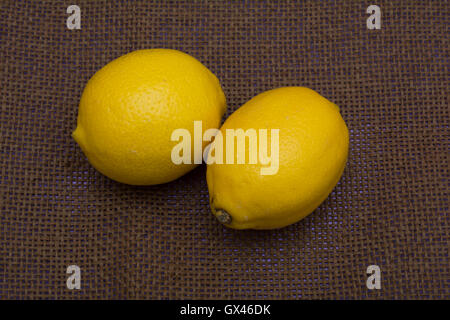 Freschi limoni maturi sul tessuto scuro dello sfondo. Vista dall'alto. Foto Stock