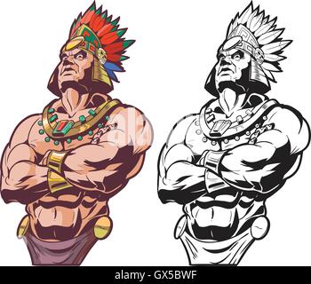 Vector cartoon clip art illustrazione busto di un Inca o Mayan o guerriero azteca o chief mascot cercando dura e media. Illustrazione Vettoriale