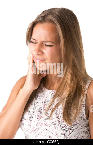 Donna con un mal di denti isolati in bianco Foto Stock