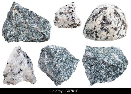 Collezione da esemplari di diorite roccia isolata su sfondo bianco Foto Stock