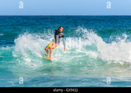 Un surfista australiano sull'onda, la spiaggia di Bondi nella periferia est di Sydney Foto Stock