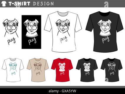 Illustrazione di T-Shirt Design Template con divertenti Cartoon Pug Dog Illustrazione Vettoriale