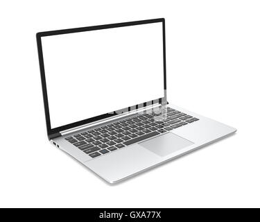 Metallo moderno ufficio portatile o argento business notebook con schermo vuoto isolato su sfondo bianco. 3d'illustrazione. Foto Stock