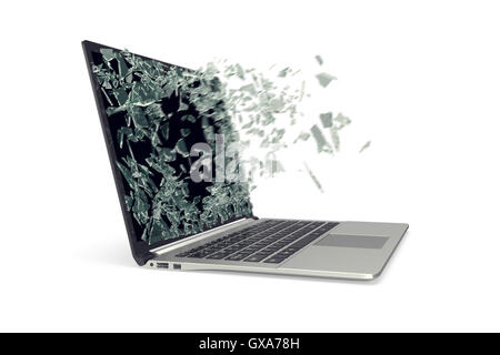 Metallo moderni laptop con schermo rotto isolati su sfondo bianco. 3d illustrazione Foto Stock