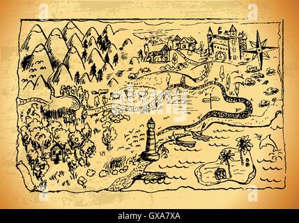 Il vecchio stile disegnata a mano una mappa con paesaggi, montagne, foreste, mare. Vettore di grunge " tesoro " mappa con un sacco di decorazione con in Illustrazione Vettoriale