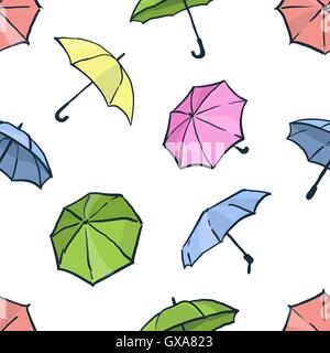 Modello senza cuciture con ombrelloni. Graziosi colori d'autunno sfondo. Diversi disegnati a mano gli ombrelli. Illustrazione Vettoriale