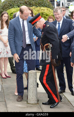 Il Duca di Cambridge viene in aiuto di Jonathan Douglas-Hughes, Vice Lord-Lieutenant di Essex quando ha preso un capovolgimento come era arrivato a steward Academy di Harlow, Essex, dove lui e sua moglie la Duchessa di Cambridge sono promuovere le loro teste insieme campagna, stanno scoprendo come i giovani stanno affrontando con la vita di pressioni. Foto Stock