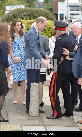 Il Duca di Cambridge viene in aiuto di Jonathan Douglas-Hughes, Vice Lord-Lieutenant di Essex quando ha preso un capovolgimento come era arrivato a steward Academy di Harlow, Essex, dove lui e sua moglie la Duchessa di Cambridge sono promuovere le loro teste insieme campagna, stanno scoprendo come i giovani stanno affrontando con la vita di pressioni. Foto Stock