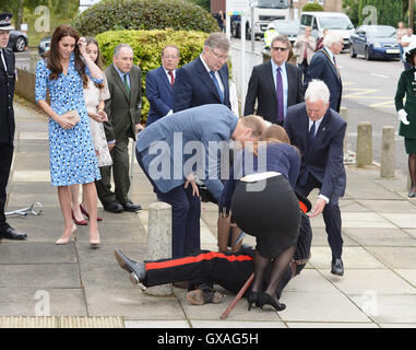 Il Duca di Cambridge viene in aiuto di Jonathan Douglas-Hughes, Vice Lord-Lieutenant di Essex quando ha preso un capovolgimento come era arrivato a steward Academy di Harlow, Essex, dove lui e sua moglie la Duchessa di Cambridge sono promuovere le loro teste insieme campagna, stanno scoprendo come i giovani stanno affrontando con la vita di pressioni. Foto Stock