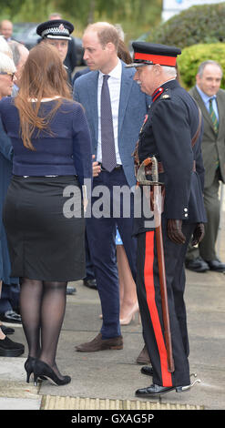 Il Duca di Cambridge viene in aiuto di Jonathan Douglas-Hughes, Vice Lord-Lieutenant di Essex quando ha preso un capovolgimento come era arrivato a steward Academy di Harlow, Essex, dove lui e sua moglie la Duchessa di Cambridge sono promuovere le loro teste insieme campagna, stanno scoprendo come i giovani stanno affrontando con la vita di pressioni. Foto Stock