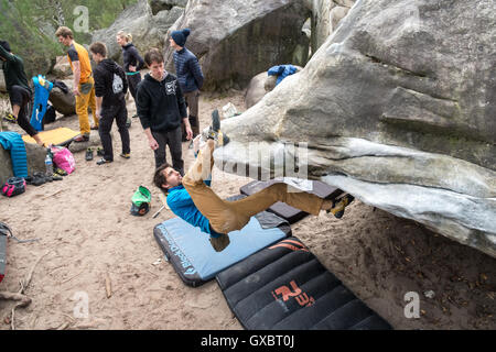 Bouldering, salendo a Fontainebleau, (vicino a Parigi) Francia. Foto Stock