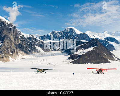 Scarico aeromobili turisti sul ghiacciaio di Rut, al di sotto di Denali (Mt. McKinley), il Parco Nazionale di Denali, Alaska. Foto Stock