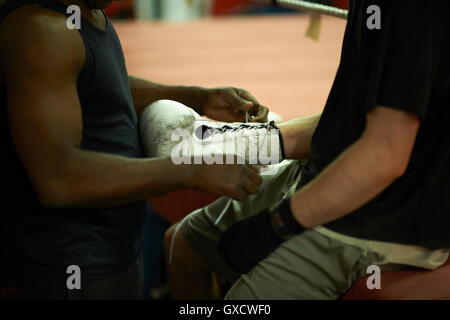 Coach aiutando boxer indossare i guanti, metà sezione Foto Stock