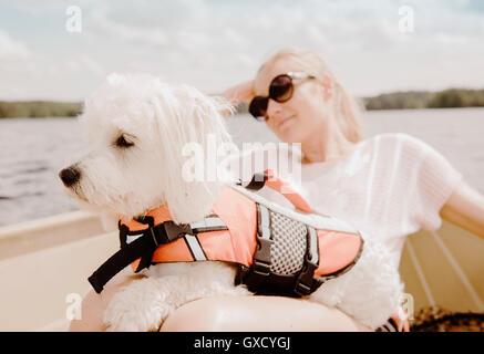 Coton de tulear dog sitter su donna di giro in barca, Orivesi, Finlandia Foto Stock