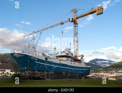 Gru da cantiere che sovrasta la pesca barca barca nel bacino di carenaggio, Tromso, Norvegia Foto Stock
