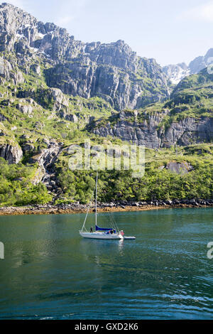 Ripide facciate trogolo glaciale fiordo frastagliate cime di montagna, Trollfjorden, Isole Lofoten, Nordland, settentrionale, Norvegia Foto Stock