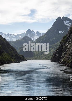 Ripide facciate trogolo glaciale fiordo frastagliate cime di montagna, Trollfjorden, Isole Lofoten, Nordland, settentrionale, Norvegia Foto Stock