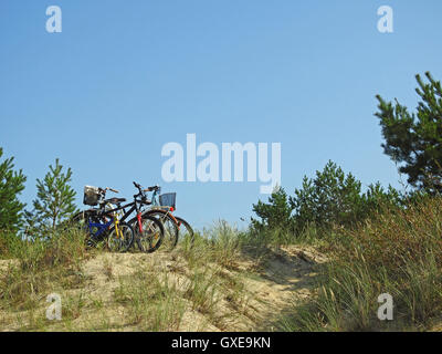 Biciclette su una collina di sabbia in spiaggia. Foto Stock