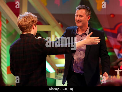 Josh Widdicombe Adam e colline in studio durante una prova generale per la televisione mostra l'ultima tappa presso il Broadcast internazionale centro durante i Giochi Paralimpici 2016 a Rio. Foto Stock