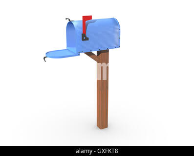 Un rendering 3D di un blu e vuoto US Mailbox, aprire con involucro di cartone ondulato e bandiera rossa. Foto Stock