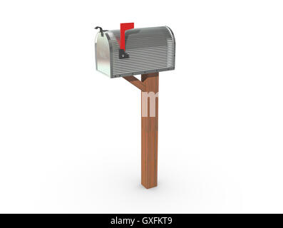 Un rendering 3D di un cromo e vuoto US Mailbox, chiuso con involucro di cartone ondulato e bandiera rossa. Foto Stock