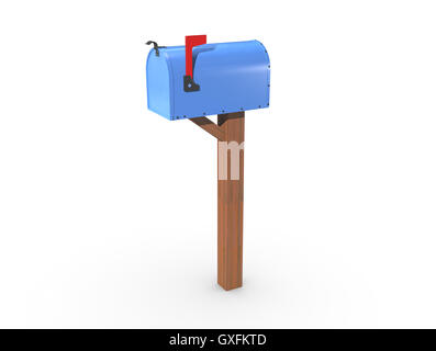 Un rendering 3D di un blu e vuoto US Mailbox, chiusa con carcassa pulita e bandiera rossa. Foto Stock