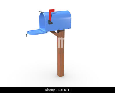 Un rendering 3D di un blu e vuoto US Mailbox, aprire con carcassa pulita e bandiera rossa. Foto Stock