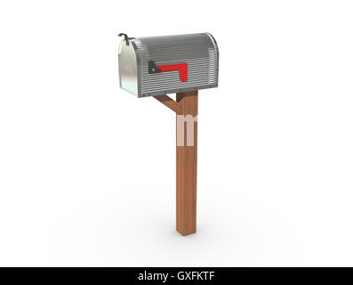 Un rendering 3D di un cromo e vuoto US Mailbox, chiuso con involucro di cartone ondulato e bandiera rossa verso il basso. Foto Stock