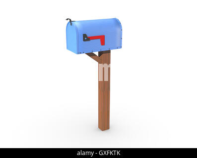 Un rendering 3D di un blu e vuoto US Mailbox, chiuso con involucro di cartone ondulato e bandiera rossa verso il basso. Foto Stock