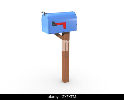 Un rendering 3D di un blu e vuoto US Mailbox, chiusa con carcassa pulita e bandiera rossa verso il basso. Foto Stock